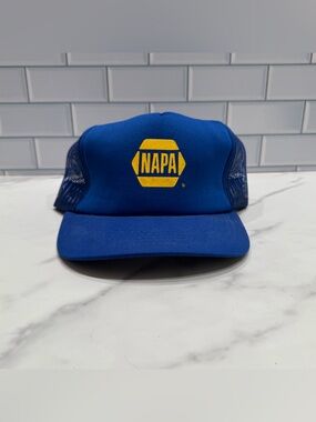 Vintage 90s Mesh Back Trucker Hat Snap Back NAPA Auto Parts Blue Cap